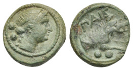 LUCANIA. Paestum (Poseidonia). Second Punic War, circa 218-201 BC. Sextans (Bronze, 15.00 mm, 2.84 g). Female head right; two pellets (value mark) to ...