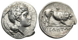 LUCANIA. Velia. Circa 340-334 BC. Didrachm or nomos (Silver, 22.00 mm, 7.53 g). Head of Athena to right, wearing crested Attic helmet decorated with g...