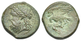 SICILY. Akragas. Circa 338-287 BC. (Bronze, 19.70 mm, 6.74 g). Laureate, bearded head of Zeus to left, AKPAΓA. Rev. Eagle standing left on hare. Calci...