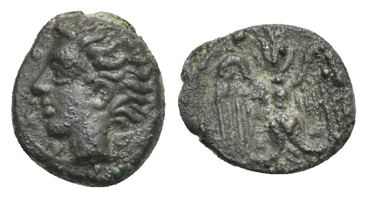 SICILY. Katane. Circa 405-402 BC. Onkia (Bronze, 10.40 mm, 0.74 g). AMENANOΣ Hea...