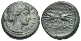SICILY. Syracuse. Time of Agathokles, circa 317-310 BC. Bronze (Bronze, 22.10 mm, 8.52 g). ΣΩTEIPA Head of Artemis Soteira to right, holding quiver ov...