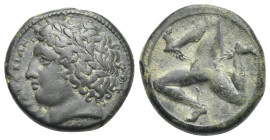 SICILY. Syracuse. Time of Agathokles, circa 317-310 BC. Bronze (Bronze, 19.60 mm, 6.48 g). Diademed head of Apollo left; Palladium behind. Rev. Triske...