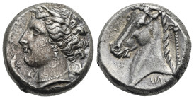 SICILY. Siculo-Punic. Entella. Tetradrachm (Silver, 22.97 mm, 17.06 g) Circa 320/15-300 BC. Head of Arethusa to left, wearing wreath of grain leaves, ...