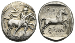 THESSALY. Larissa. Circa 420-400 BC. Drachm (Silver, 20.80 mm, 5.95 g). The hero Thessalos naked on the right, with chlamys and petasos fluttering on ...