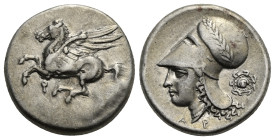 CORINTHIA. Corinth. Circa 350-300 BC. Stater (Silver, 21.40 mm, 8.58 g). Pegasus flying left, Ϙ below. Rev. Helmeted head of Athena left with laurel; ...