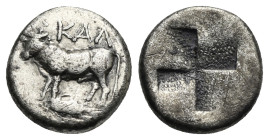 BITHYNIA. Kalchedon. Circa 340-320 BC. Half siglos or hemidrachm (Silver, 12.50 mm, 2.38 g). ΚΑΛ Bull standing left above grain ear. Rev. Quadripartit...