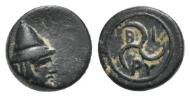TROAS. Birytis. Circa 300 BC. Bronze (Bronze, 10.11 mm, 1.19 g). Head of Kabiros right, wearing pileus. Rev. B-I RY Triskeles formed by three crescent...
