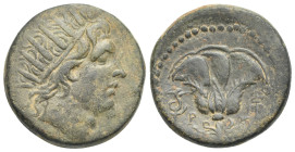 ISLANDS off CARIA, Rhodes. Circa 88-85 BC. AE 17 (Bronze, 27,12 mm, 17,47 g). Radiate head of Helios to right. Rev. P - O Rose with buds to either sid...