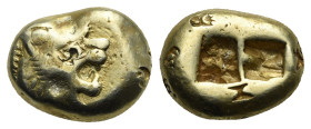 KINGS OF LYDIA. Alyattes to Kroisos, circa 610-546 BC. El Trite (Electrum, 13,26 mm, 4,68 g), Sardes. Head of a lion with sun and rays on its forehead...