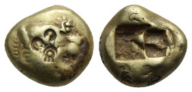 KINGS OF LYDIA. Alyattes to Kroisos, circa 610-546 BC. El Trite (Electrum, 12,49 mm, 4,65 g), Sardes. Head of a lion with sun and rays on its forehead...