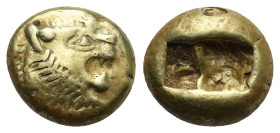KINGS OF LYDIA. Alyattes to Kroisos, circa 610-546 BC. El Trite (Electrum, 12,55 mm, 4,69 g), Sardes. Head of a lion with sun and rays on its forehead...