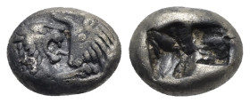 KINGS OF LYDIA. Kroisos, 560-546 BC. Sixth Stater (Silver, 10.60 mm, 1.71 g) Sardes, circa 550-546 BC. Confronted foreparts of roaring lion right and ...