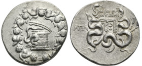 PHRYGIA, Apameia. Circa 88-67 BC. Tetradrachm (Silver, 25.86 mm, 12.23 g). Cistophoric type. Cista mystica with serpent; all within ivy wreath. Rev. T...