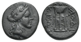 PHRYGIA. Laodikeia on the Lykos. Circa 133-67 BC. Bronze (Bronze, 14.00 mm, 2.98 g). Laureate head of Apollo to right. Rev. ΛAOΔI-KEΩN Tripod. BMC Phr...
