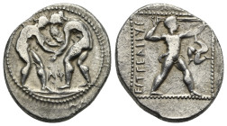 PAMPHYLIA. Aspendos. Circa 380/75-330/25 BC. Stater (Silver, 24.96 mm, 10,71 g). Two nude wrestlers grappling each other by the wrists, A Φ below, bet...