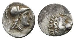 PAMPHYLIA. Side. Circa 370-360 BC. Obol (Silver, 10.40 mm, 0.73 g). Head of Athena to right, wearing Corinthian helmet. Rev. Head of a lion with open ...