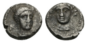 CILICIA. Nagidos. Circa 420-400 BC. Obol. (Silver, 9.96 mm, 0.87g). Facing head of Aphrodite looking right, N in left field . Rev. Laureate head of Di...