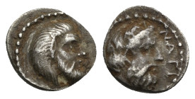 CILICIA. Nagidos. Circa 400-380 BC. Obol (Silver, 10.45 mm, 0.72 g). Bearded head of Pan to right. Rev. NAΓI Bearded head of Dionysos to right. SNG Le...