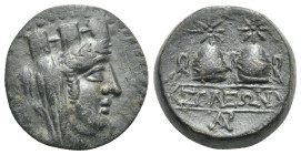 CILICIA. Soloi. 2nd-1st century BC. (Bronze, 19.00 mm, 6.27 g). Turreted, veiled, and draped bust of Tyche to right. Rev. ΣΟΛΕΩΝ Filleted piloi of the...