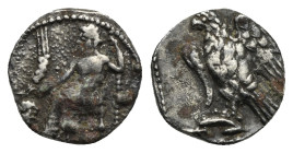 CILICIA. Uncertain mint. Circa 400-300 BC. Obol (Silver, 11.45 mm, 0.78 g) Baaltars seated left on throne, holding grain ear and grape bunch below (no...
