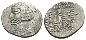 KINGS OF PARTHIA. Orodes II. Circa 57-38 BC. Drachm (Silver, 20.10 mm, 3.52 g), Rhagai mint. Diademed and draped bust of Orodes II to left, with mediu...