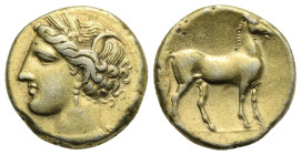 ZEUGITANIA. Carthage. Circa 280-270 BC. Stater (Electrum, 18.40mm, 7.43). Head of Tanit to left, wearing grain wreath, triple-pendant earring and neck...