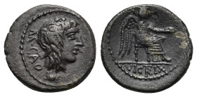 Marcius Porcius Cato, 89 BC. Quinarius (Silver, 14.69 mm, 1.74 g) Rome. M.CATO (AT linked) to left. Head of Liber right wearing ivy wreath, symbol bel...