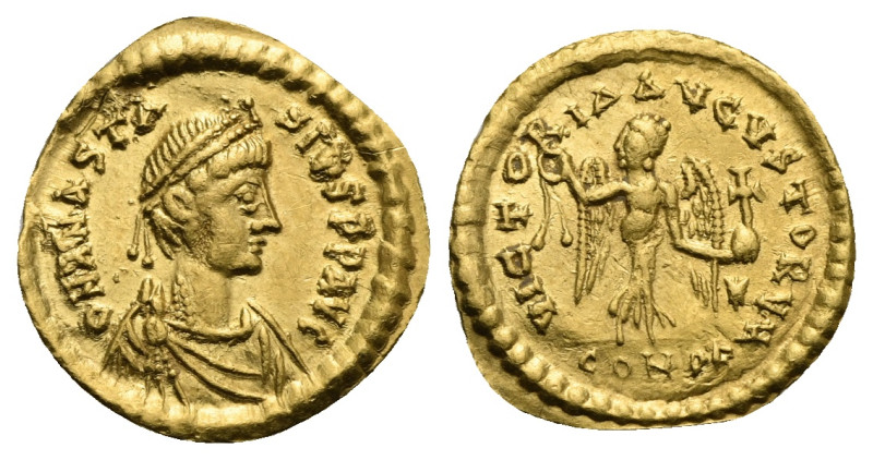 Justin I, 518-527. Tremissis (Gold, 15,34 mm, 1,45 g), Constantinopolis. D N IVS...