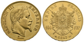 FRANCE. Napoleon III, 1852-1870. 100 Francs 1867 BB (Gold, 35 mm, 32.25 g) Strasbourg. NAPOLEON III EMPEREUR. Laureated head of Napoleon III to right....