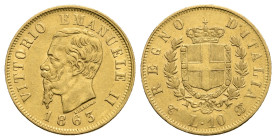 ITALY. Regno d'Italia. Vittorio Emanuele II, 1861-1878. 20 Lire 1863 (Gold, 18.5 mm, 3.23 g, 6 h), Milano. VITTORIO EMANUELE II Head of Vittorio Emanu...