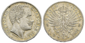 ITALY. King Vittorio Emanuele III, 1900-1946. 2 Lire 1901. (Silver, 27 mm, 9.98 g). Rome mint. VITTORIO EMANUELE III, Head of Vittorio Emanuele III fa...
