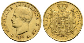 MILAN. Napoleon I, 1805-1814. 40 Lire 1814 (Gold, 26.25 mm, 12.88 g). Milan mint. NAPOLEONE IMPERATORE E RE Bare head to left; date above M below, wit...