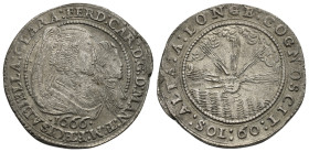 Mantova. Reggenza di Isabella Clara d’Austria per Ferdinando Carlo Gonzaga di Nevers, 1665-1669. 60 soldi 1666. (Mistura, 33 mm, 10.95 g). Busti a des...
