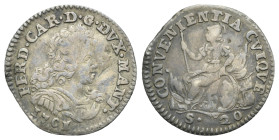 Mantova. Ferdinando Carlo Gonzaga, 1652-1708, ultimo duca di Mantova e del Monferrato. Mezza lira 1701. (Argento, 19.50 mm, 1.46 g). FERD CAR D G DVX ...