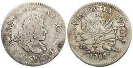 Mantova. Ferdinando Carlo Gonzaga, 1652-1708, ultimo duca di Mantova e del Monferrato. Mezzo scudo 1702. (Argento, 35.81 mm, 12.21 g). FERD CAR D G DV...