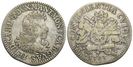 Mantova. Ferdinando Carlo Gonzaga, 1652-1708, ultimo duca di Mantova e del Monferrato. Scudo 1703. (Argento, 40.32 mm, 25.59 g). FERD CAR D G DVX MANT...