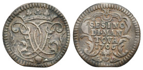 Mantova. Ferdinando Carlo, 1652-1708, ultimo duca di Mantova e del Monferrato,1665-1707. Sesino 1706. (Bronzo, 18 mm, 1.40 g). F C G in monogramma sor...