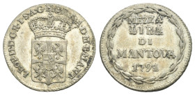Mantova. Leopoldo II d’Asburgo, 1790-1792. Mezza Lira 1791. (Mistura, 20 mm, 1.74 g). LEOP II D G R I S A G H B R [A] A D M ET MANT Scudetto Gonzaga a...