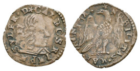 Solferino. Carlo Gonzaga, 1640-1678, Signore di Solferino. Quattrino tipo Modena. (Bronzo, 15.33 mm, 0.74 g). Stella, CAR D G S R IMP M SVLFR Busto pa...