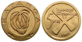Katanga Republic, 1960-1963. 5 Francs 1961 (Gold, 26 mm, 13.30 g). KATANGA Bananas within circle. Rev. BANQUE NATIONALE 5 FR 1961 Katanga Cross. KM 2a...