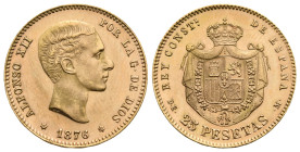 SPAIN. Alfonso XII,1874-1885. 25 Pesetas 1876 1876 (*18-76). D.E.-M. (Rayitas). (Gold, 24 mm, 8,07 g). Madrid. ALFONSO XII POR LA G. DE DIOS Head of A...