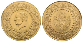 TURKEY, (Republic 1923- ). 100 Kurus 1962 (Gold, 30 mm, 7.01 g). Istanbul mint. Head of Kemal Ataturk facing left, within a circle of stars and an int...