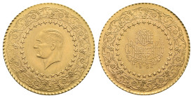 TURKEY, (Republic 1923- ). 50 Kurus 1962, (Gold 22 mm, 3,50 g). Istanbul mint. Head of Kemal Ataturk facing left, within a circle of stars and an intr...