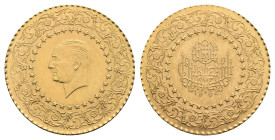 TURKEY, (Republic 1923- ). 25 Kurus 1962, (Gold 318 mm, 1,76 g). Istanbul mint. Head of Kemal Ataturk facing left, within a circle of stars and an int...