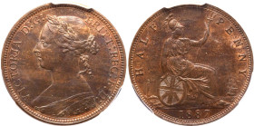 UNITED KINGDOM. Victoria, 1837-1901. 
Bronze halfpenny, 1887. Royal Mint. 
Laureate bust of Queen Victoria facing left; VICTORIA D : G : BRITT : REG...