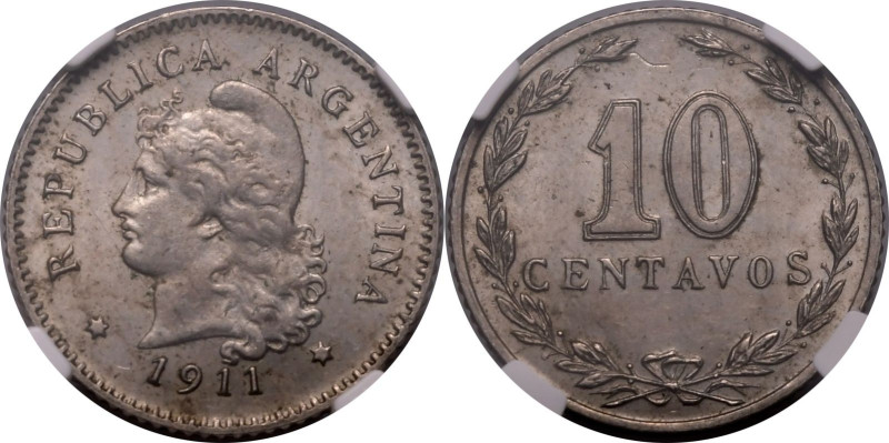 ARGENTINA. 
Copper-nickel 10 centavos, 1911. 
Obv: REPUBLICA ARGENTINA, libert...