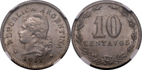 ARGENTINA. 
Copper-nickel 10 centavos, 1911. 
Obv: REPUBLICA ARGENTINA, liberty head left; date below. Rev: denomination within wreath.
In secure p...