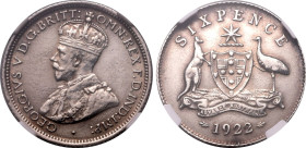 AUSTRALIA. George V. 
Silver 6 pence, 1922. 
Obv: GEORGIVS V D.G.BRITT:OMN:REX F.D.IND:IMP:, crowned and mantled bust left. Rev: denomination about ...