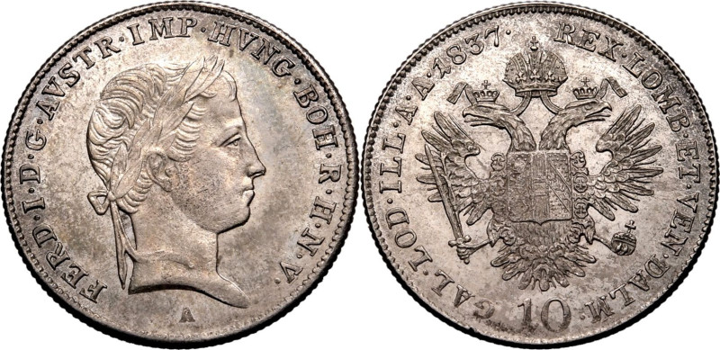 AUSTRIA. Ferdinand I. 
Silver 10 kreuzer, 1837. Vienna. 
Near Mint State. 

...