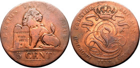 BELGIUM. Leopold I, 1831-65. 
Copper 5 centimes, 1838. L&eacute;opold I. 
Fine. 

Reference: KM-5, LA-BFM-14
Diameter: 28 mm.
Thickness: 1.6 mm....